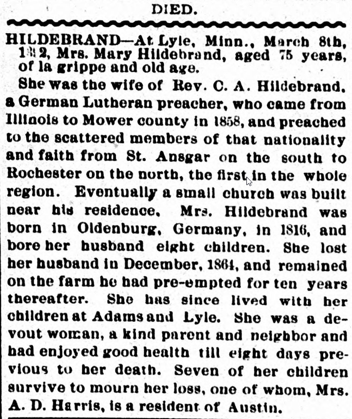 Mary Hildebrand obituary Lyle Historical Society